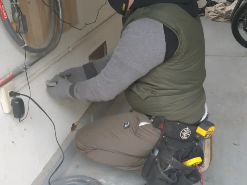 Electrician performing outlet wiring in a Scituate garage